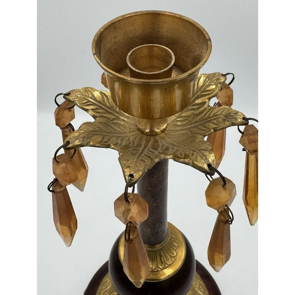 Vintage Heavy Gold Tone & Brown Candle Stick Holder With Orange Acrylic Prisms